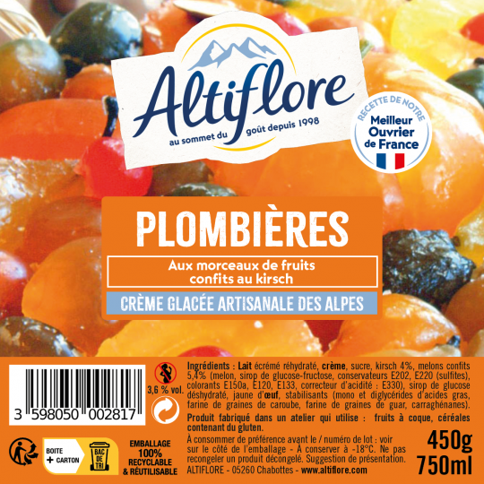 Crème glacée Plombières, aux morceaux de fruits confits au kirsch